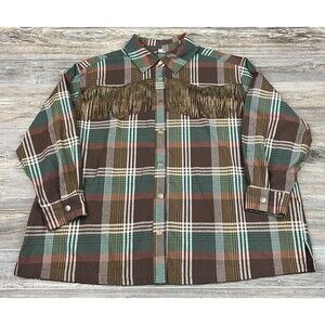 CATO Womens Plus 22/24 Plaid Flannel Shirt With Fringe Western Cowgirl Cabincore